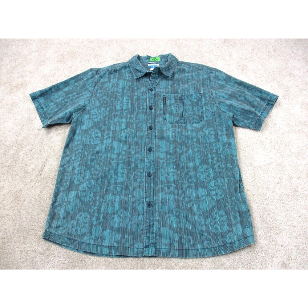 Columbia Shirt Men Large L Blue Floral All Over Print Hawaiian Cotton Button Up
